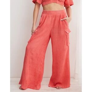 Aerie Gauzy High Waisted Cargo Pant Haute Coral Size XS Beach Coastal Effortless